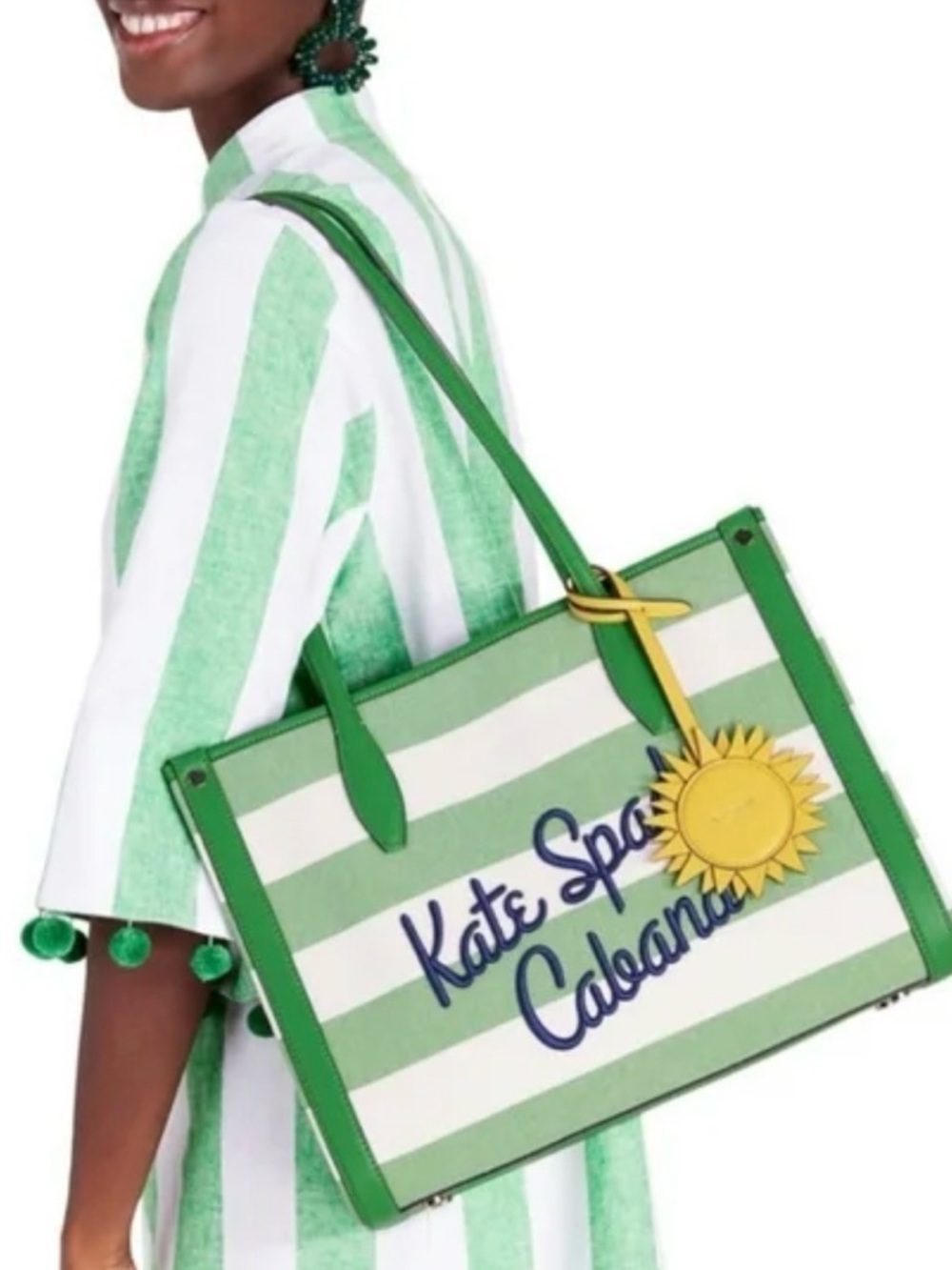 This is a Kate Spade New York Market Cabana Canvas Medium Tote in green multi. - Picture 2 of 4